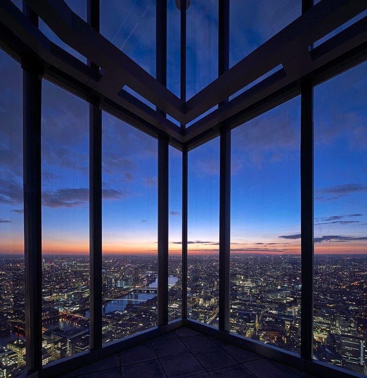 London at dusk from a glazed viewing gallery high in the City
